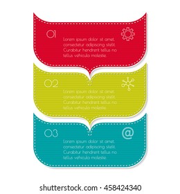 Isolated paper infographic layout with 3 options. Vertical number banner template with stitches for diagram, presentation or chart. EPS10 curved arrow sequence infographic element.