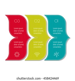 Isolated paper infographic layout with 3 options. Horizontal number banner template with stitches for diagram, presentation or chart. EPS10 curved arrow sequence infographic element.