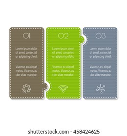 Isolated paper infographic layout with 3 options. Horizontal number banner template with stitches for diagram, presentation or chart. EPS10 puzzle sequence infographic element.