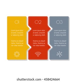 Isolated paper infographic layout with 3 options. Horizontal number banner template with stitches for diagram, presentation or chart. EPS10 arrow sequence infographic element.