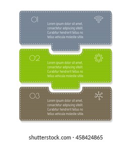 Isolated paper infographic layout with 3 options. Vertical number banner template with stitches for diagram, presentation or chart. EPS10 puzzle sequence infographic element.