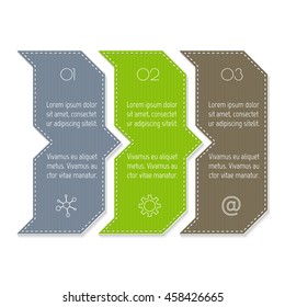 Isolated paper infographic layout with 3 options. Horizontal number banner template with stitches for diagram, presentation or chart. EPS10 curved arrow sequence infographic element.