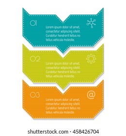 Isolated paper infographic layout with 3 options. Vertical number banner template with stitches for diagram, presentation or chart. EPS10 curved arrow sequence infographic element.