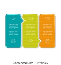 Isolated paper infographic layout with 3 options. Horizontal number banner template with stitches for diagram, presentation or chart. EPS10 puzzle sequence infographic element.