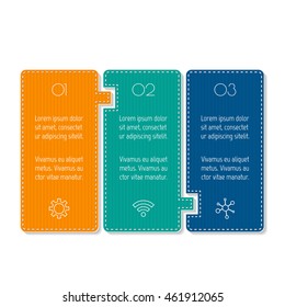 Isolated paper infographic layout with 3 options. Horizontal number banner template with stitches for diagram, presentation or chart. EPS10 puzzle sequence infographic element.