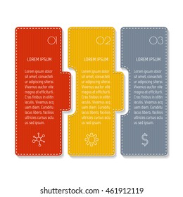 Isolated paper infographic layout with 3 options. Horizontal number banner template with stitches for diagram, presentation or chart. EPS10 puzzle sequence infographic element.