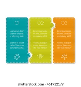 Isolated paper infographic layout with 3 options. Horizontal number banner template with stitches for diagram, presentation or chart. EPS10 puzzle sequence infographic element.