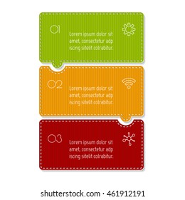 Isolated paper infographic layout with 3 options. Vertical number banner template with stitches for diagram, presentation or chart. EPS10 puzzle sequence infographic element.