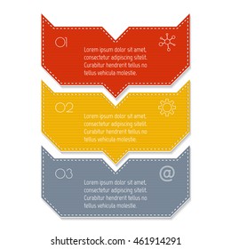 Isolated paper infographic layout with 3 options. Vertical number banner template with stitches for diagram, presentation or chart. EPS10 curved arrow sequence infographic element.