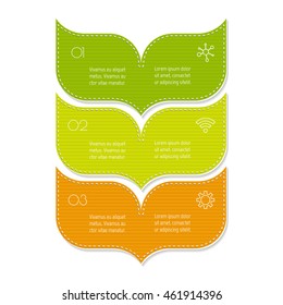 Isolated paper infographic layout with 3 options. Vertical number banner template with stitches for diagram, presentation or chart. EPS10 curved arrow sequence infographic element.