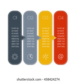 Isolated paper infographic layout with 4 options. Horizontal number banner template with stitches for diagram, presentation or chart. EPS10 sequence infographic element.