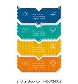 Isolated paper infographic layout with 4 options. Vertical number banner template with stitches for diagram, presentation or chart. EPS10 curved arrow sequence infographic element.