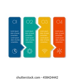 Isolated paper infographic layout with 4 options. Horizontal number banner template with stitches for diagram, presentation or chart. EPS10 puzzle sequence infographic element.