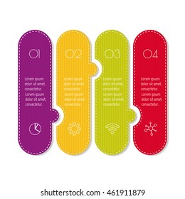 Isolated paper infographic layout with 4 options. Horizontal number banner template with stitches for diagram, presentation or chart. EPS10 puzzle sequence infographic element.