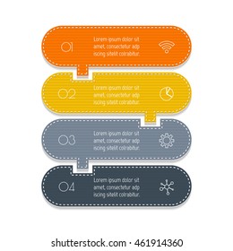 Isolated paper infographic layout with 4 options. Vertical number banner template with stitches for diagram, presentation or chart. EPS10 puzzle sequence infographic element.