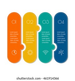 Isolated paper infographic layout with 4 options. Horizontal number banner template with stitches for diagram, presentation or chart. EPS10 puzzle sequence infographic element.