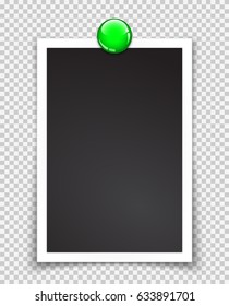 Isolated paper photo frame and green glossy magnet on transparent background. Template for your design works. Vector illustration.