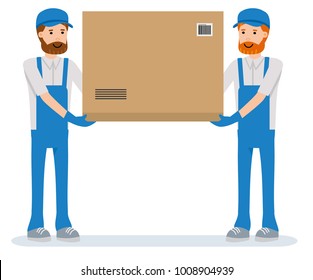 Isolated parcel movers delivering on white background. The warehouse workers. Cartoon character person. Set of various poses and emotions. Vector flat-style illustration