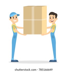 Isolated parcel movers delivering on white background.