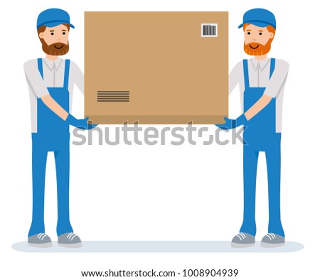 Isolated parcel movers delivering on white background. The warehouse workers. Cartoon character person. Set of various poses and emotions. Vector flat-style illustration