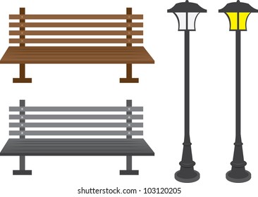 Isolated park benches and light posts