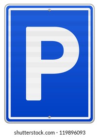 Isolated Parking Sign - Blue roadsign with letter P on rectangular plate isolated on white