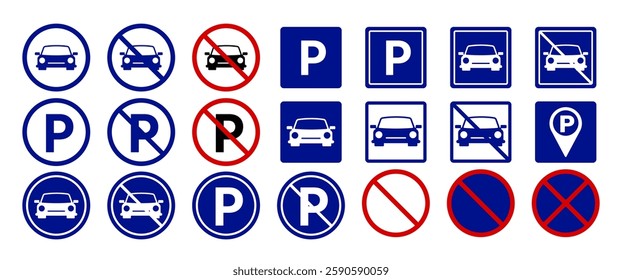 Isolated Parking Traffic Sign collection, Transportation Icon set, Parking Area Pictogram, Public graphic elements and illustration, Red, Blue, Communication Infographic, Prohibitions symbol, Editable