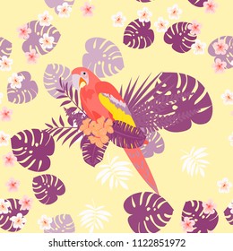 Isolated parrots seamless pattern with tropical leaves and flowers.