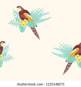 Isolated parrots seamless pattern with tropical leaves and flowers.