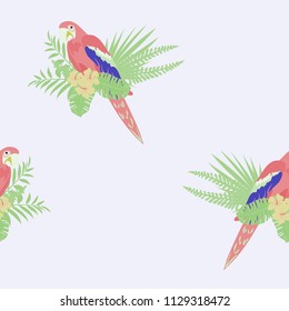 Isolated parrots seamless pattern with tropical leaves and flowers.