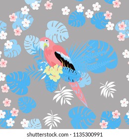 Isolated parrots seamless pattern with tropical leaves and flowers.
