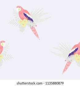 Isolated parrots seamless pattern with tropical leaves and flowers.