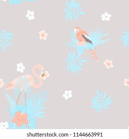 Isolated parrots seamless pattern with tropical leaves and flowers.
