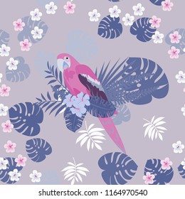 Isolated parrots seamless pattern with tropical leaves and flowers.