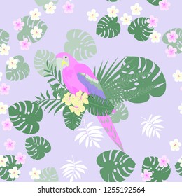 Isolated parrots seamless pattern with tropical leaves and flowers.