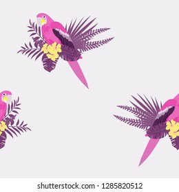 Isolated parrots seamless pattern with tropical leaves and flowers.