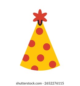 Isolated party hat in doodle cartoon style. Fun and colorful cone shaped cap for kids birthday celebration. Flat vector element for decoration or greeting.