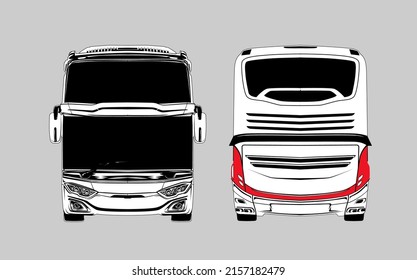 Isolated Passenger Bus Outline Template Illustration. Detailed Front and Back Profile with Red Lamp. Hand Drawn Shuttle Bus Profile.