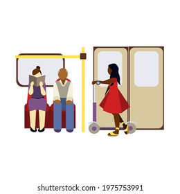 Isolated passengers of different ages on the subway train, young girl with a scooter at handrail, sitting old man in Flat design style, vector subway carriage with people on white isolated background.