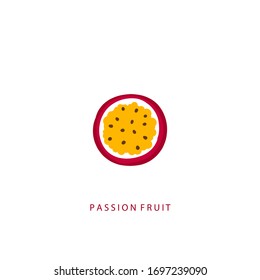 Isolated passion fruit. Illustration with cartoon isolated passion fruit with title on a white background. Vector tropical fruit icon. Flat vector stock illustration. Passion fruit logo. 