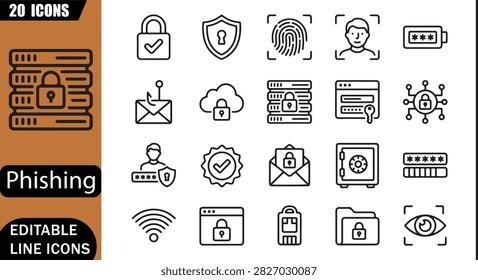 Isolated password security icons set, 20 editable line art icons set, authentication, login, encryption, secure account, network protection, verification, cyber security theme style, clean vector