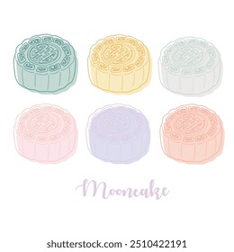 Isolated pastel color mooncake. Whole  mooncake on white background. Mid Autumn Festival cake, traditional food for celebration. Authentic Asian cuisine vector illustration.  