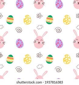 Isolated pattern on a white background for the Holy Easter holiday. Pink rabbit, colorful eggs and patterns. For holiday paper, poster, books, notepads.