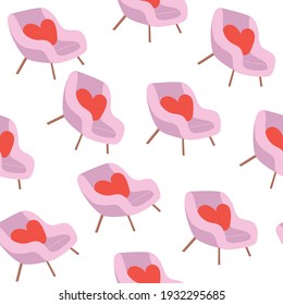 Patrón aislado de silla suave rosa con almohada de corazón rojo. Amo la decoración de las habitaciones dibujada a mano. Interior de la sala de estar de la casa. Sofá moderno y sin inconvenientes 