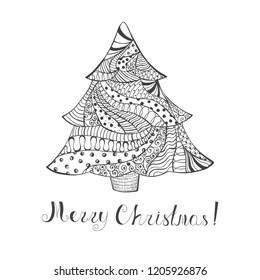Isolated Patterned Christmas Tree with Handwritten Lettering. Fir Tree with Abstract Patterns Made in Dark Grey Color. Boho, Zentangle, Doodle Style.