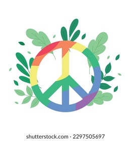 Isolated peace symbol with lgbt flag colors surrounded by leaves Vector