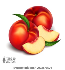 Isolated peaches, nectarines, realistic fresh vitamine fruit with slice, 3d illustration realistic, vector icon