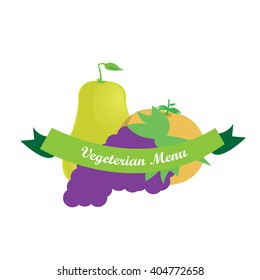 Isolated pear, tomato and grapes on a white background with a ribbon with text