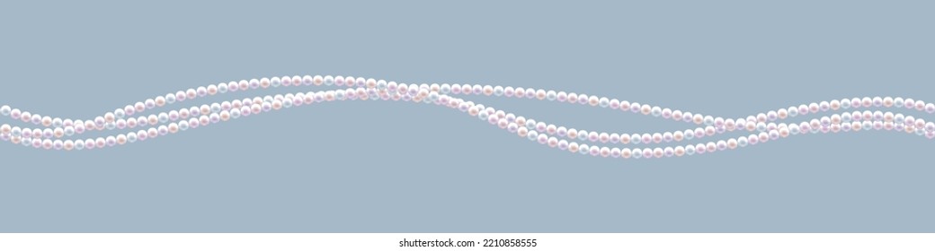 Isolated Pearl Strings with Multicolored Beads. Seamless Wavy Pearl Bead Garland for Romantic Celebration and Holiday. Color Realistic Luxury style. Vector illustration for Wedding and Elegant design.