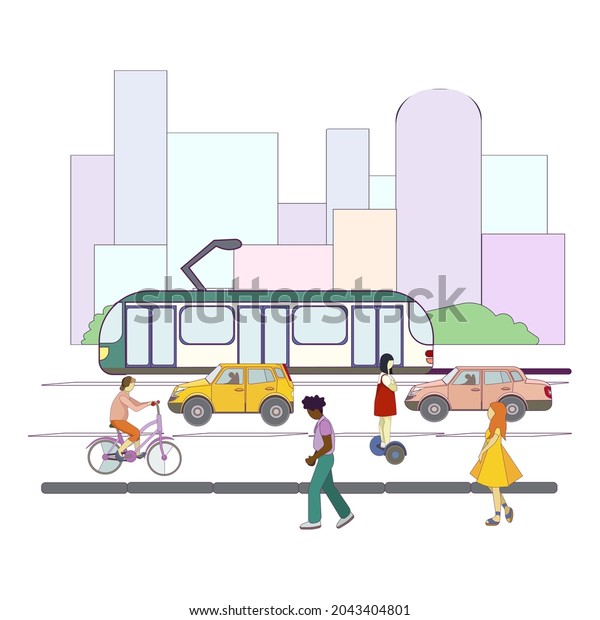 Isolated pedestrians, tram, cars, bicycler and\
skyscrapers in Cartoon style, public transport and pedestrians on\
white isolated background for booklets, elements of design for\
webs, apps, social\
media
